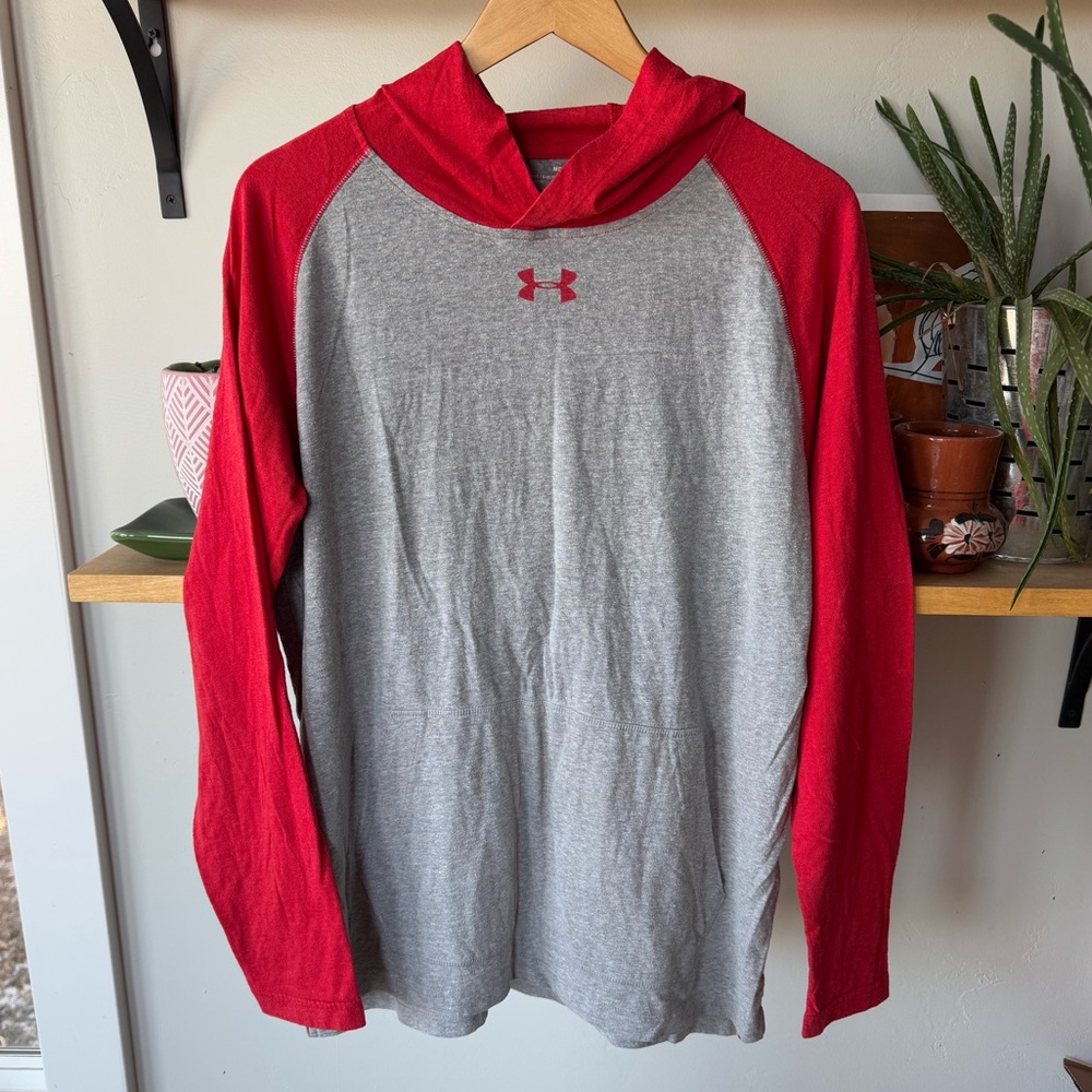 Under Armour Red Gray Heat Gear Loose Fit Lightweight Cotton Hoodie Size Medium
